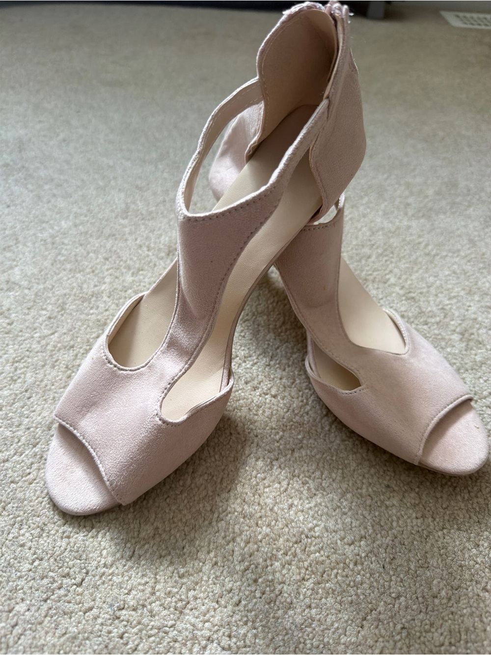 Women’s Blush Pink Suede Look T-Strap Peep Toe Heels Size 42
